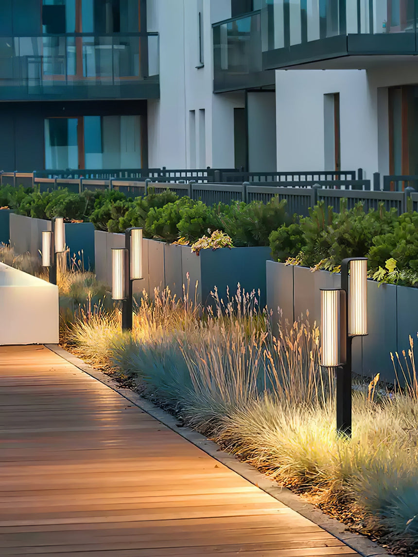 Lit along a paved walk beside planting with a lit building behind