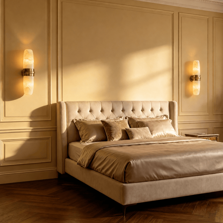 A pair lit on each side of a tufted headboard in a paneled bedroom