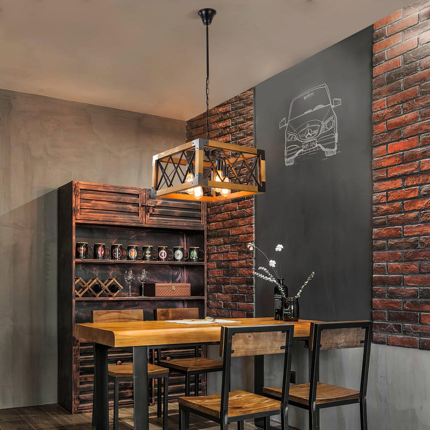 Lit above a bar table in a room with wine shelving and a brick wall