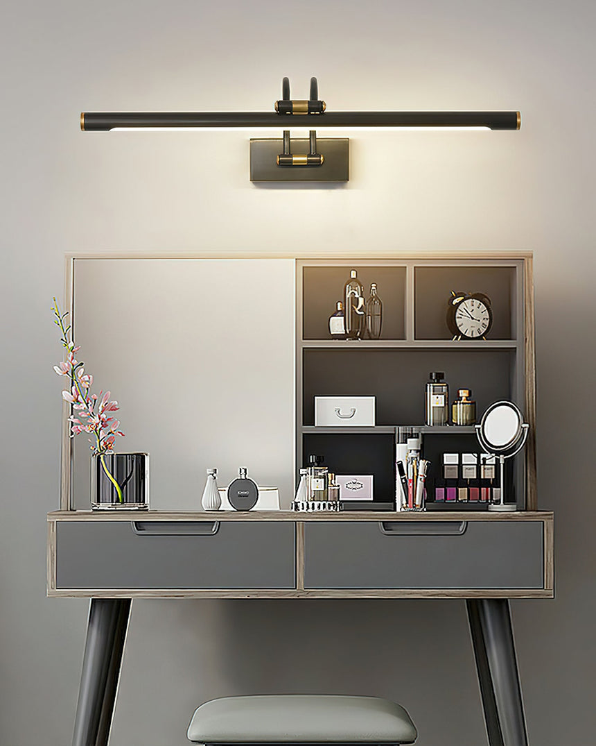 Dark bronze bar above a pale vanity desk with open shelves, a stool and small bottles