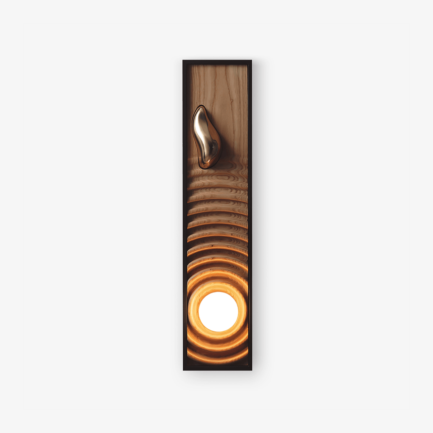 Oversized wall sconce, a tall black frame holding a rippled wood panel and a lit orb