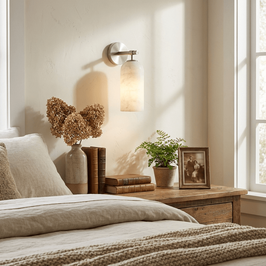 The sconce lit above a bed with a knit throw beside a wood nightstand