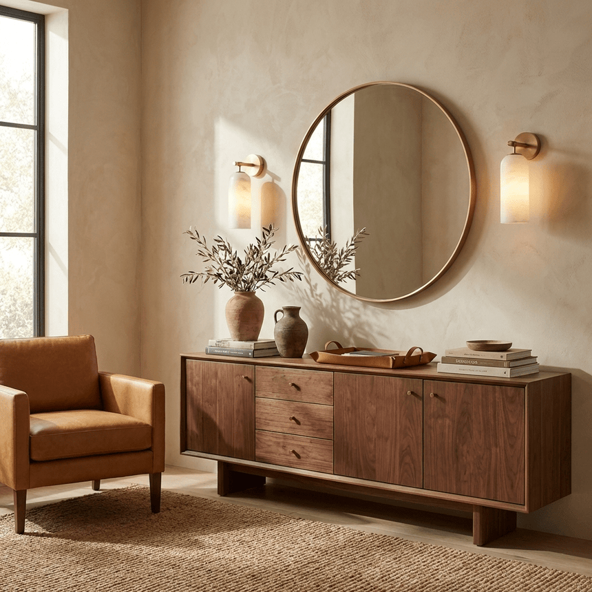 The sconce beside a round mirror above a walnut console with vases