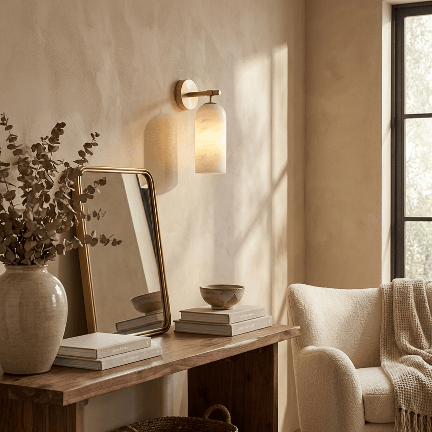 The sconce lit above a desk with a leaning mirror and a stack of books