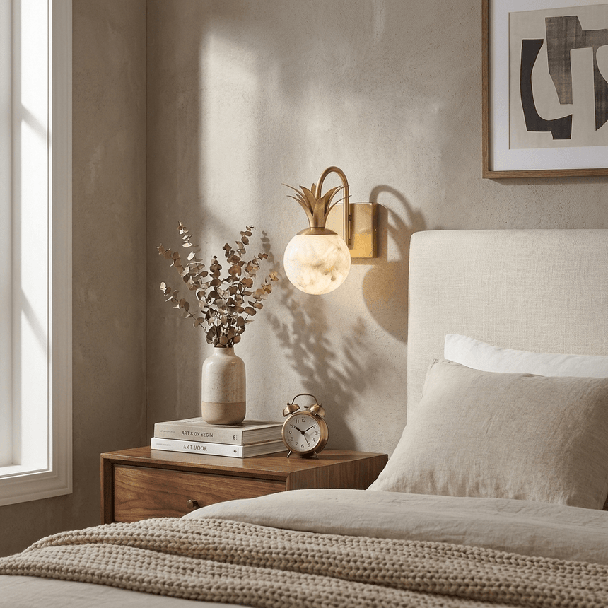 The sconce lit above a nightstand beside a bed with a framed print