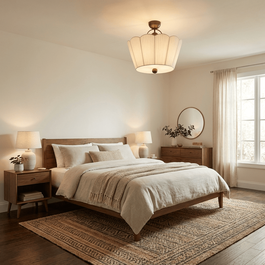 Pleated ceiling light lit over a bed with a wood frame and an oval mirror behind