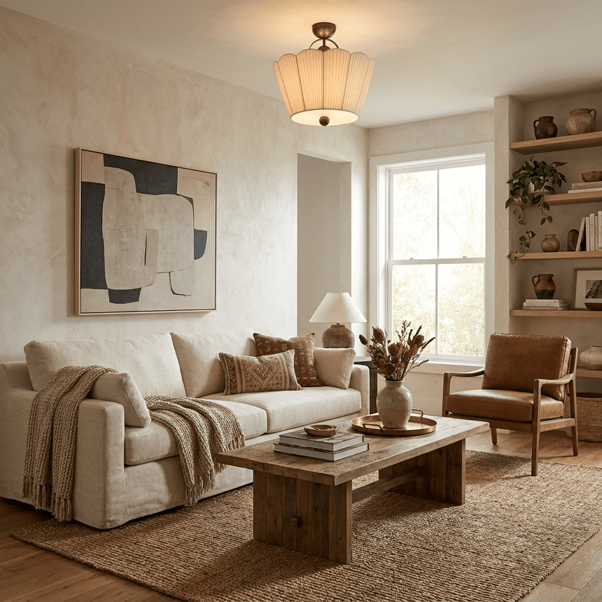Pleated fabric ceiling light in a living room with pale sofas and an abstract canvas