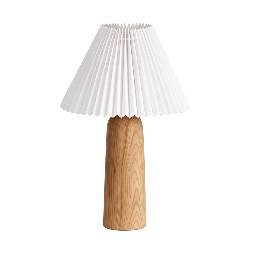 Tall pale wood base under a wide pleated white shade on a white ground