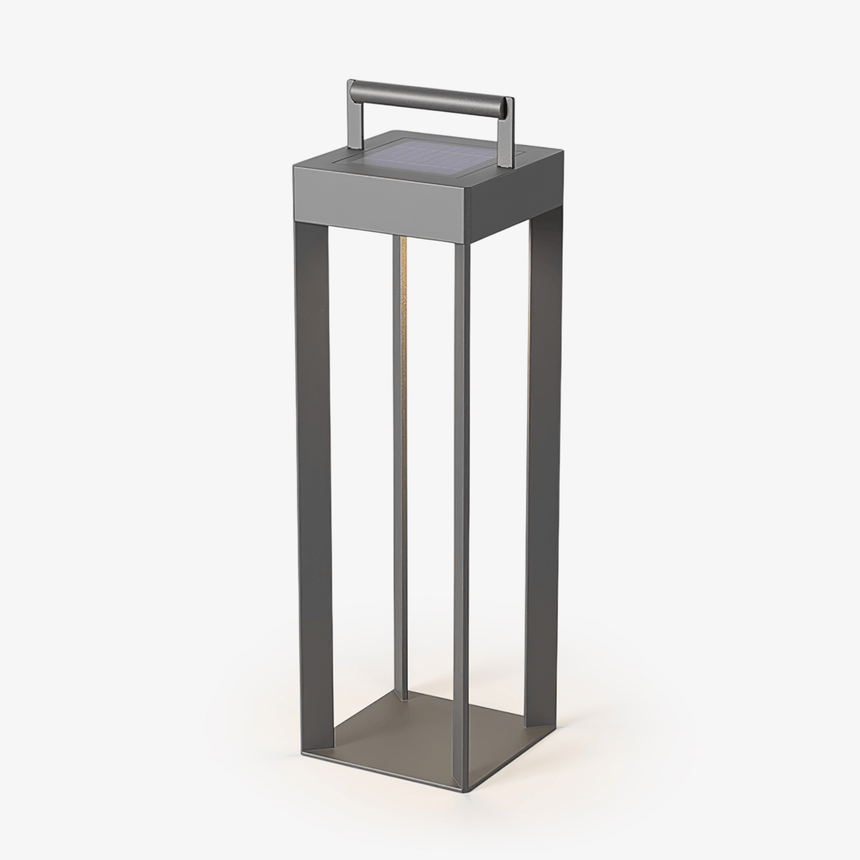 Rectangular open frame lantern in gray steel with an arched carry handle