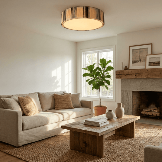 Striped raffia drum ceiling light in a living room with a fireplace and a fig tree