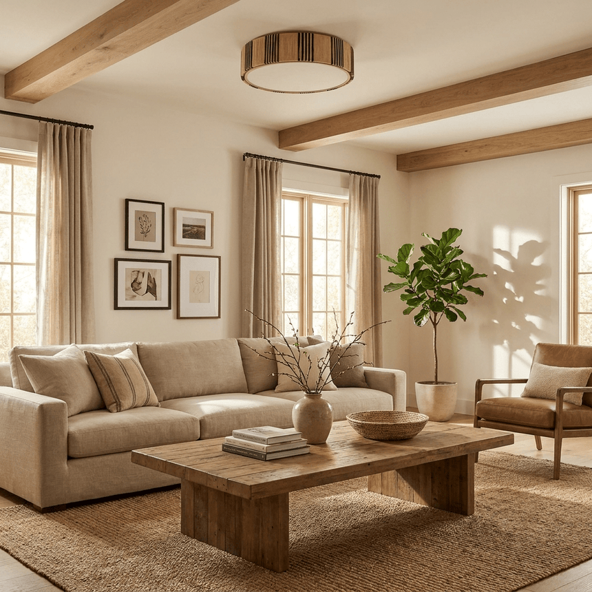 Striped raffia drum ceiling light under a beamed ceiling in a bright living room
