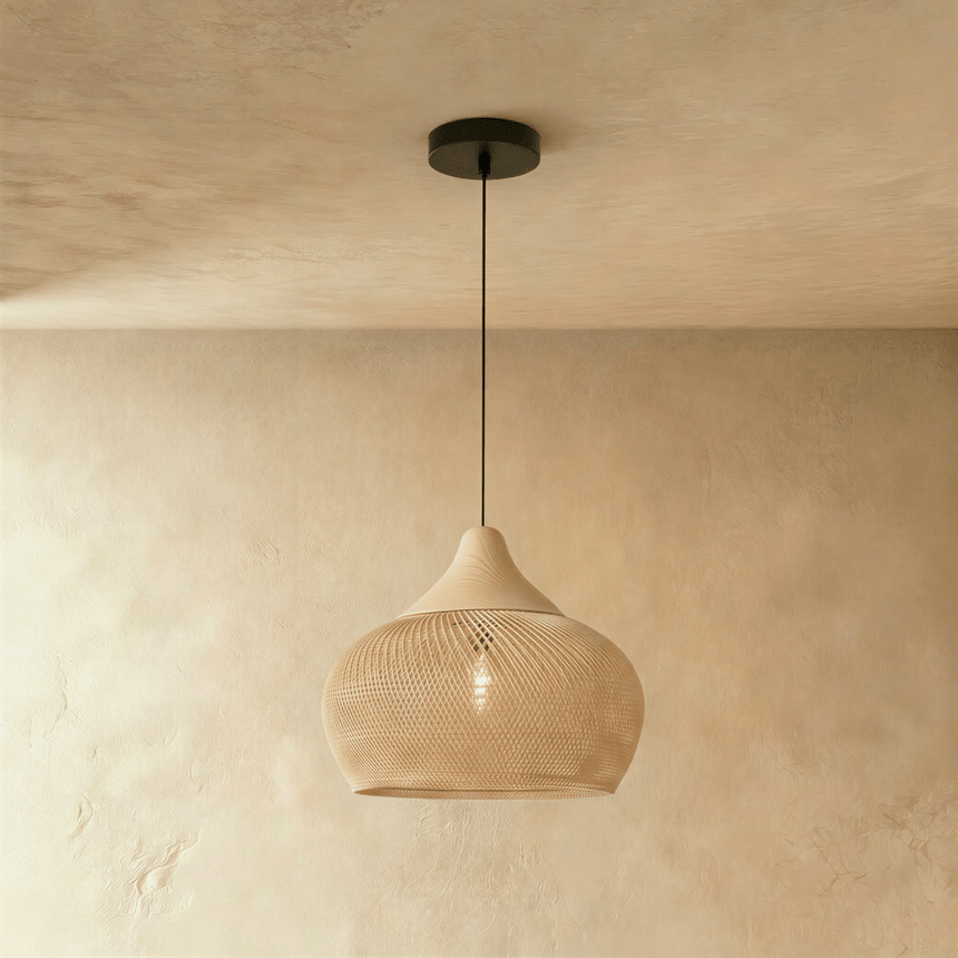 A natural rattan lantern shade, openly woven, glowing from the lamp inside it