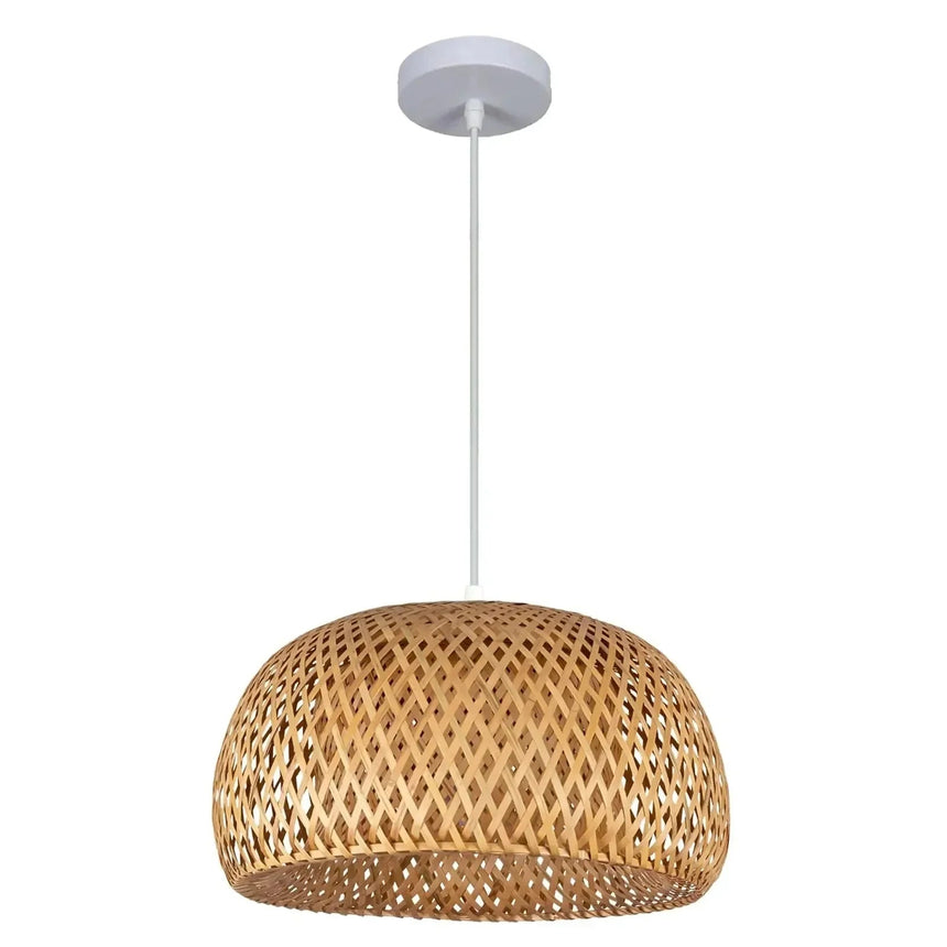 Woven bamboo dome switched on, light escaping around the rim