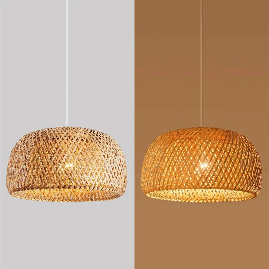 Two woven bamboo domes hung side by side