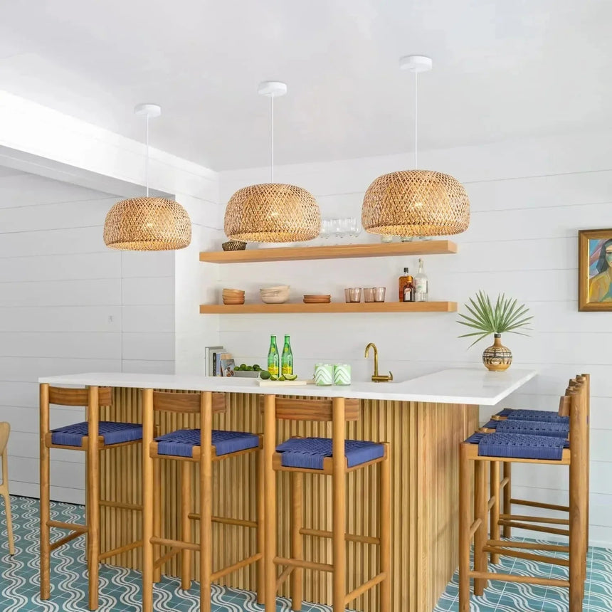 Woven bamboo dome hung in a room with plants