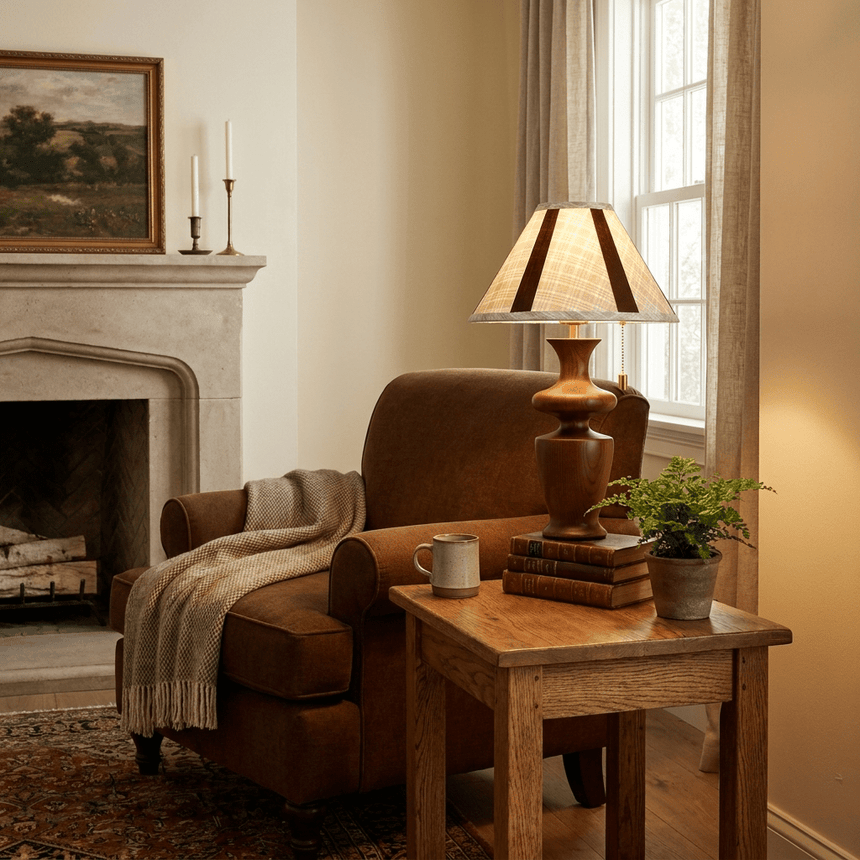 Table lamp lit on a side table beside a leather armchair and a fireplace