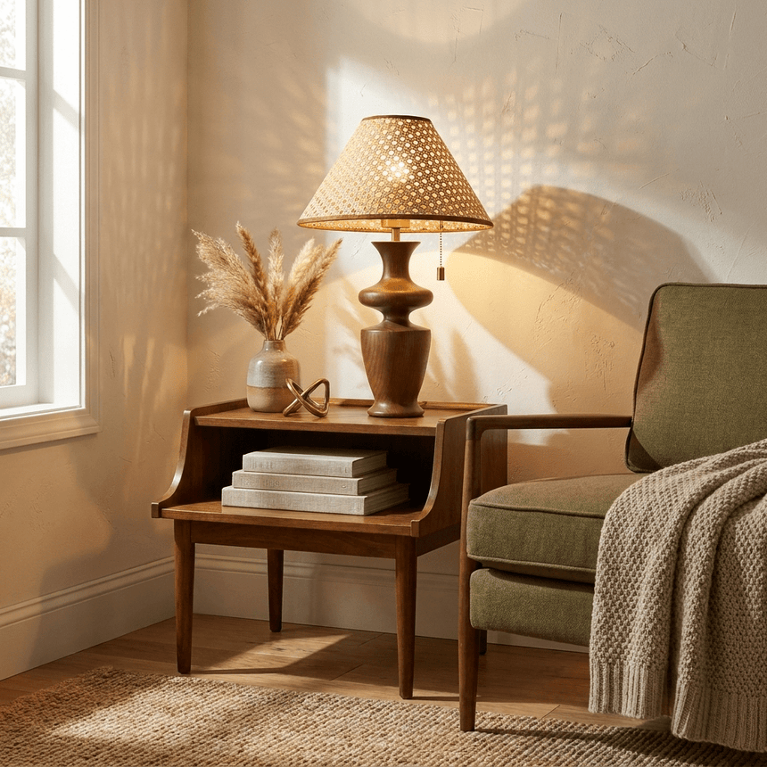 Rattan table lamp lit on a wooden side table beside a green armchair