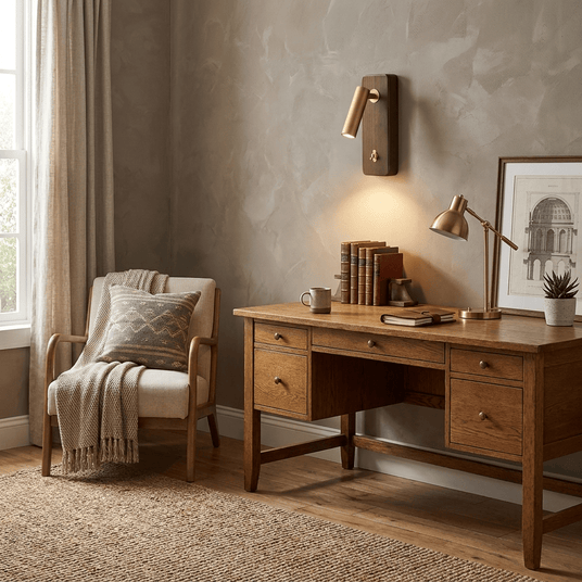 Reading sconce lit above a wood desk beside an armchair and a lamp