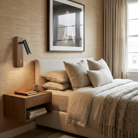 Reading sconce lit above a bed with a floating nightstand and linen