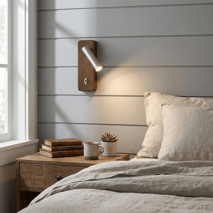 Reading sconce lit on a painted shiplap wall above a bedside table