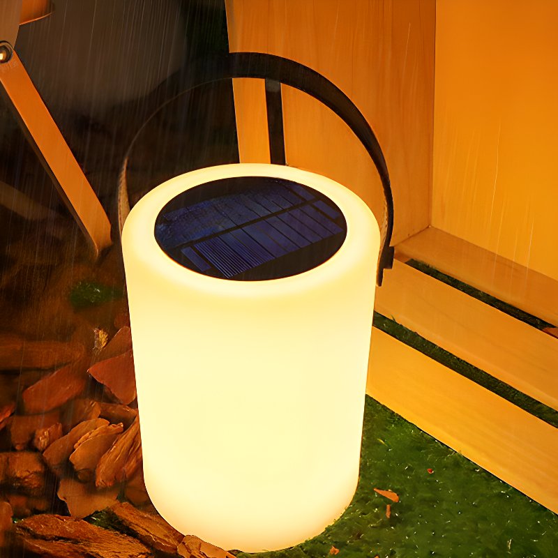 The lamp lit at the edge of a lawn beside a timber garden door at night