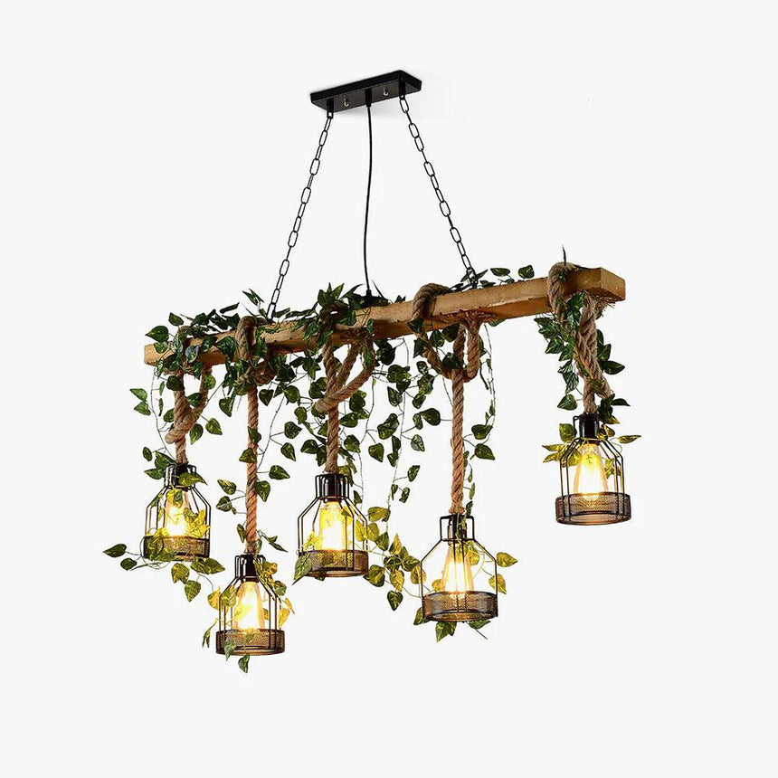 A weathered wood beam on chains with caged lamps and trailing foliage on rope