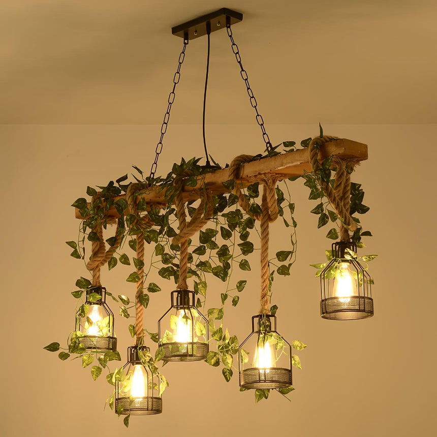 The five cage version lit under a warm ceiling, foliage trailing from the timber beam