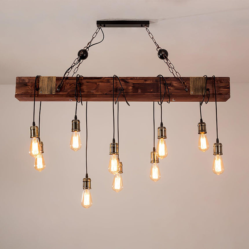 The beam lit against a plain white wall, the ten cords hanging at staggered lengths