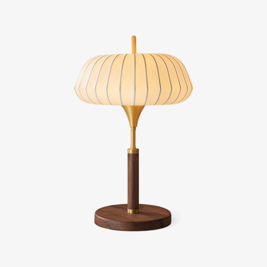 Remote control table lamp with a woven silk shade on a walnut base, plain ground
