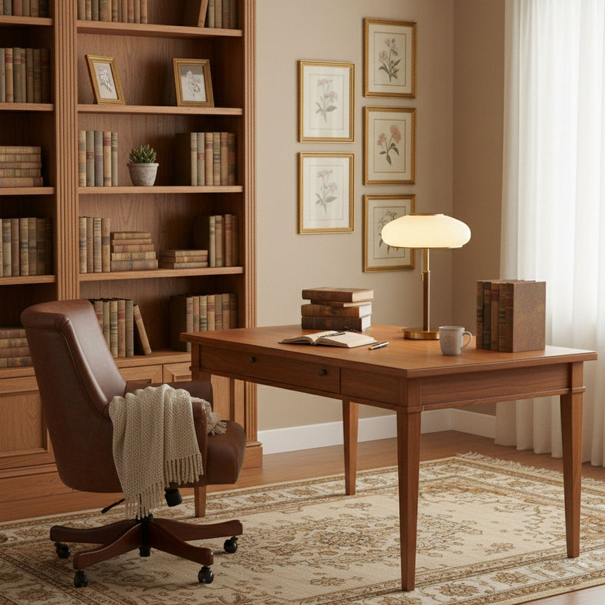 Ribbed glass table lamp lit on a wood desk beside a leather chair