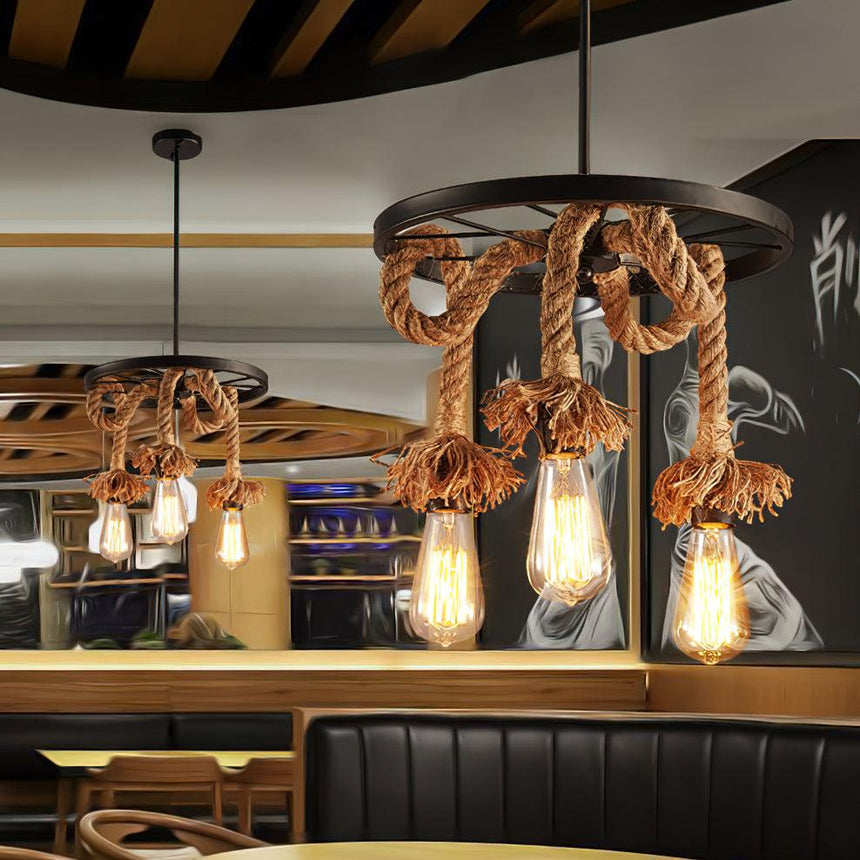 The fitting lit above a bar counter with a yellow ceiling behind
