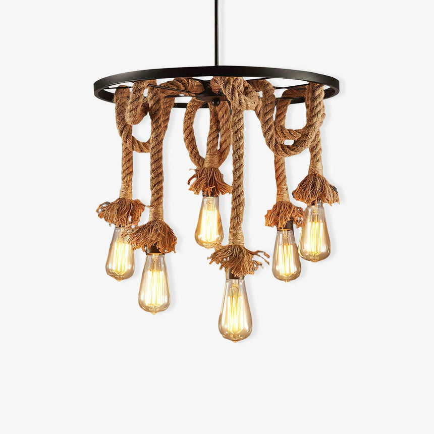 Rope chandelier with hemp swags on a black ring and filament lamps