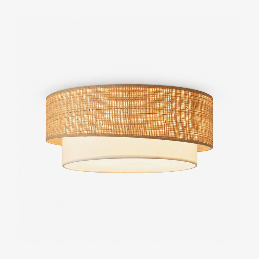 Rustic flush mount ceiling light with a two tier woven raffia drum shade