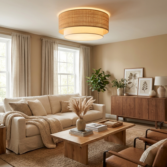 Two tier raffia ceiling light lit in a living room with a pale sofa and a wood sideboard