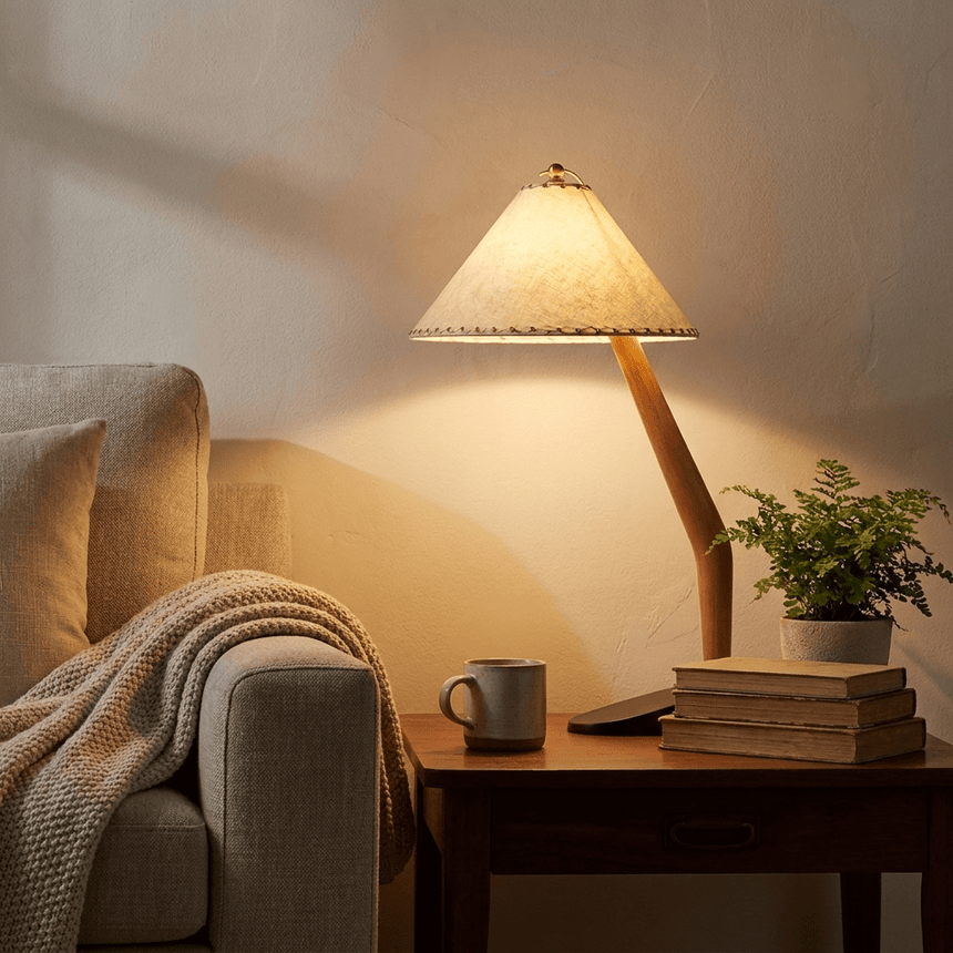 Rustic table lamp lit on a side table beside a pale armchair and a throw