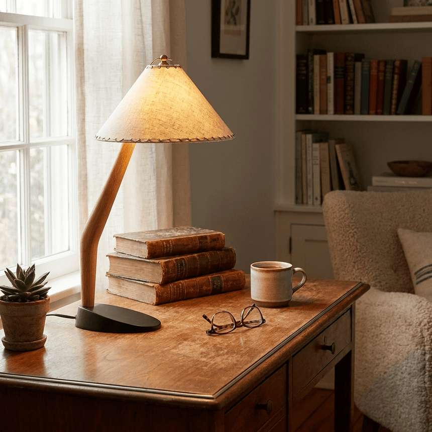 Rustic table lamp lit on a desk beside stacked books and a plant
