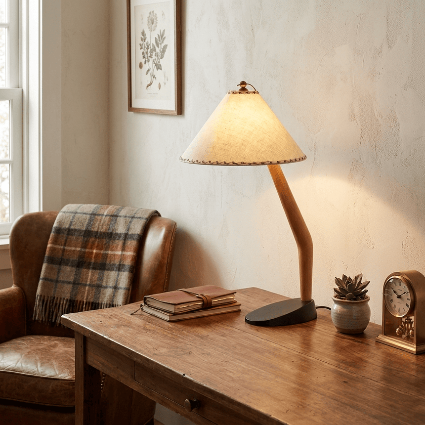 Rustic table lamp lit on a wooden desk beside books and a leather chair
