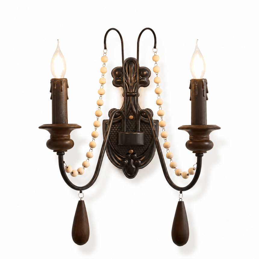 The beaded design with two candle arms and two strands of pale wood beads
