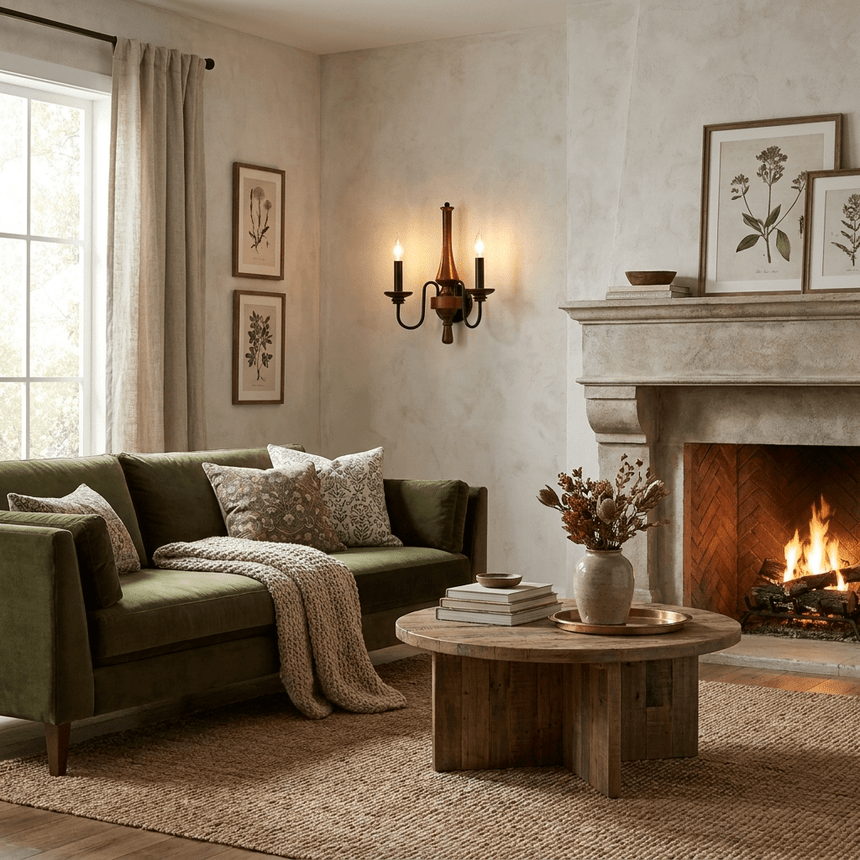 A pair lit either side of a stone mantel with framed prints and a green sofa