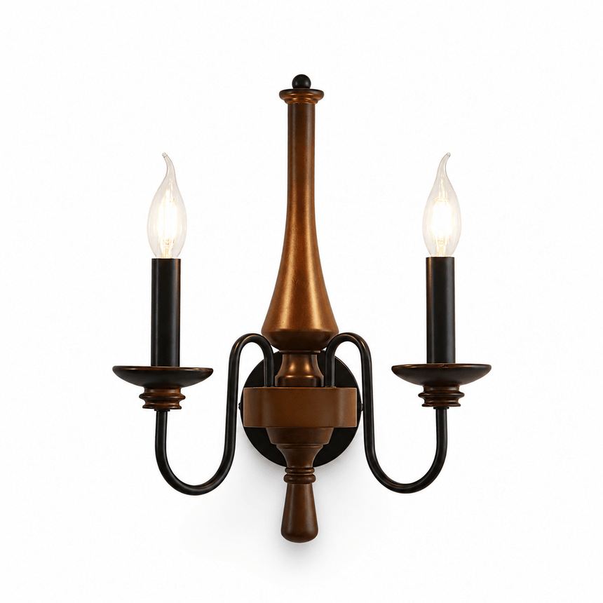 The turned wood candlestick carrying two iron candle arms and two lamps