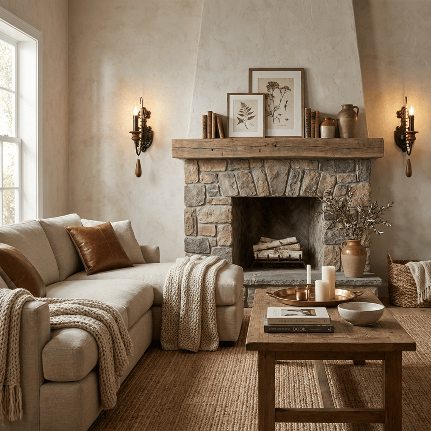 A pair lit flanking a plaster fireplace with framed art and a pale sofa