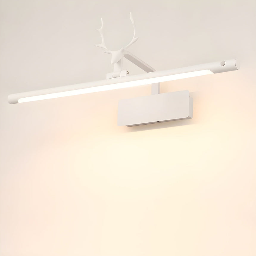 The white version lit on a pale wall, a plain tube under a small white stag head