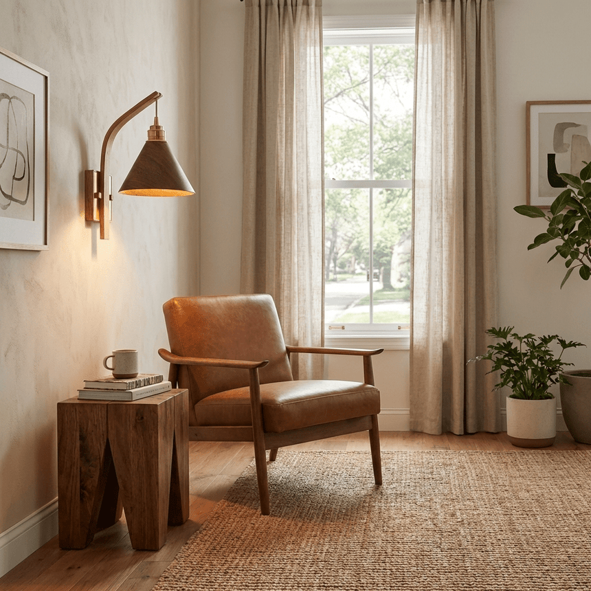 Sconce lit beside a leather armchair and a small wood side table