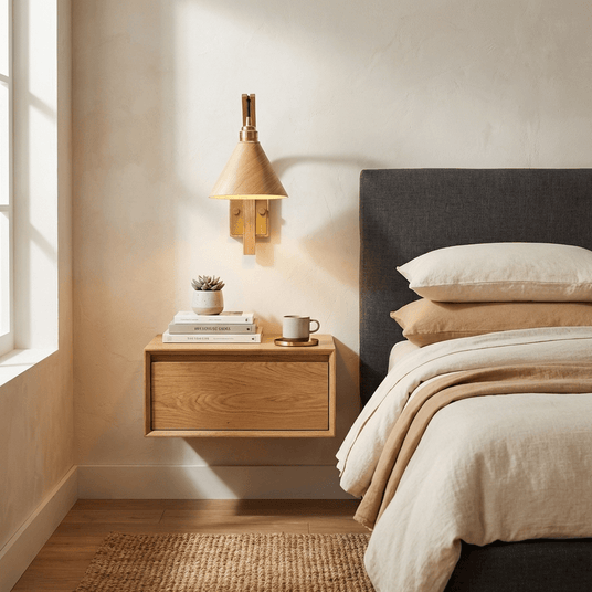 Rustic sconce lit above a wood nightstand beside a bed with pale bedding