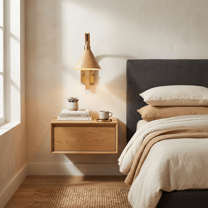 Rustic sconce lit above a wood nightstand beside a bed with pale bedding