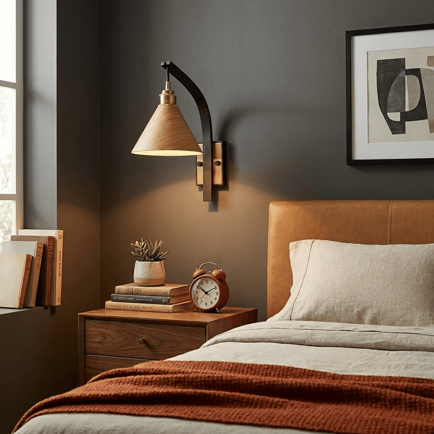Sconce lit above a nightstand beside a bed against a dark wall