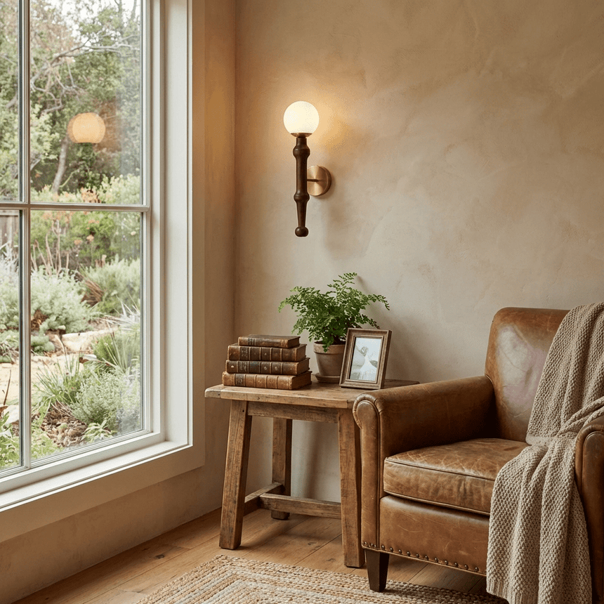 Sconce lit on a plaster wall beside a window, books stacked on a stool