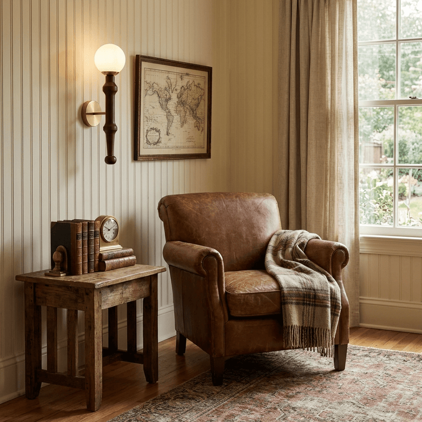 Sconce lit beside a framed map above a wood stool and a leather armchair