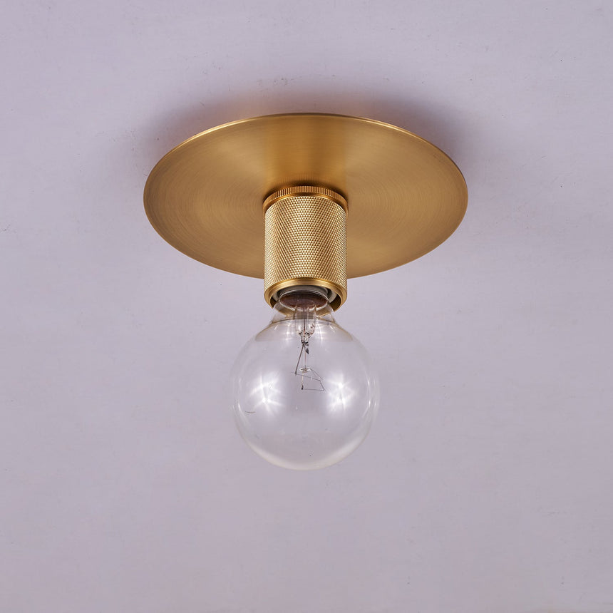 Brushed brass disc ceiling light seen from the side against a pale wall