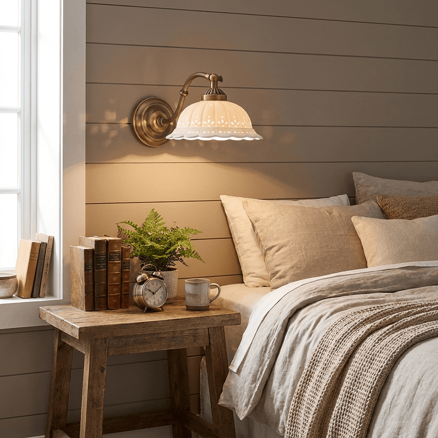 The sconce lit above a wood nightstand with a plant beside a bed with striped linens